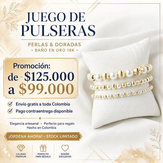JUEGO DE PULSEIRA PERLAS Y DORADAS